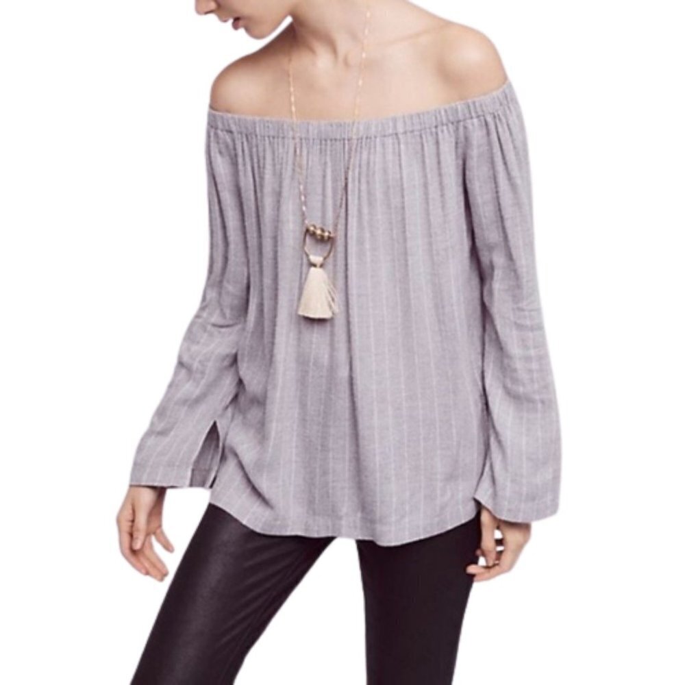 Anthropologie Cloth & Stone Striped Off The‎ Shoulder Homestead Top Gray XS